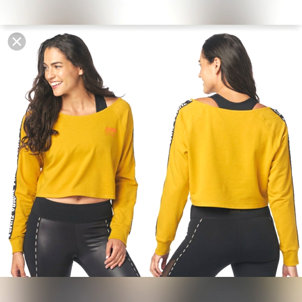 Zumba Dance Floor Long Sleeve Crop Top Cold Shoulder sz Small Golden Sunset NWT